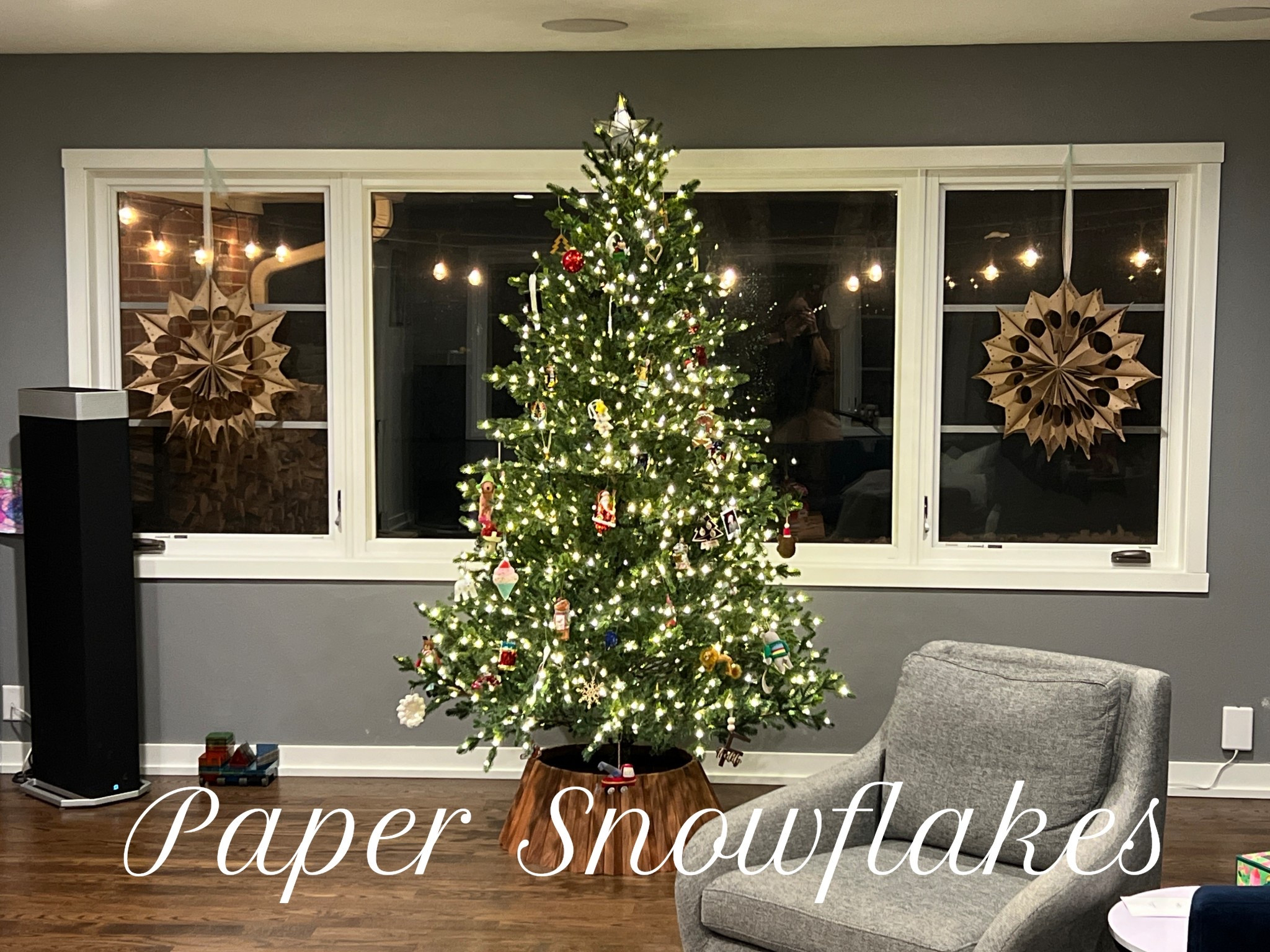 Your sign to make paper snowflakes! Very affordable project - I even used some left over ribbon if been saving. 

With the paper bags closed put hot glue on one side in an upside down T, then place another bag on top. Repeat until you have 9 bags glued together. 

Draw your pattern on the bag and cut. 

Open it up like a fan and hot glue the ends together! 

#LTKHome #LTKFindsUnder50 #LTKHoliday