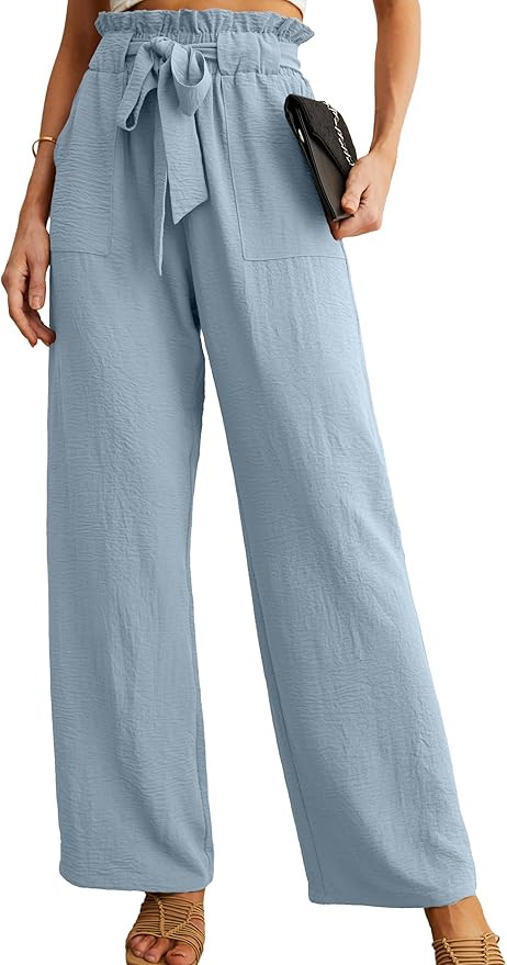 IWOLLENCE Women's Wide Leg Pants with Pockets High Waist Adjustable Knot Loose Casual Trousers Bu... | Amazon (US)