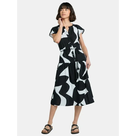 Time and Tru Women's Double Cloth Cotton Midi Dress, Sizes XS-XXXL | Walmart (US)