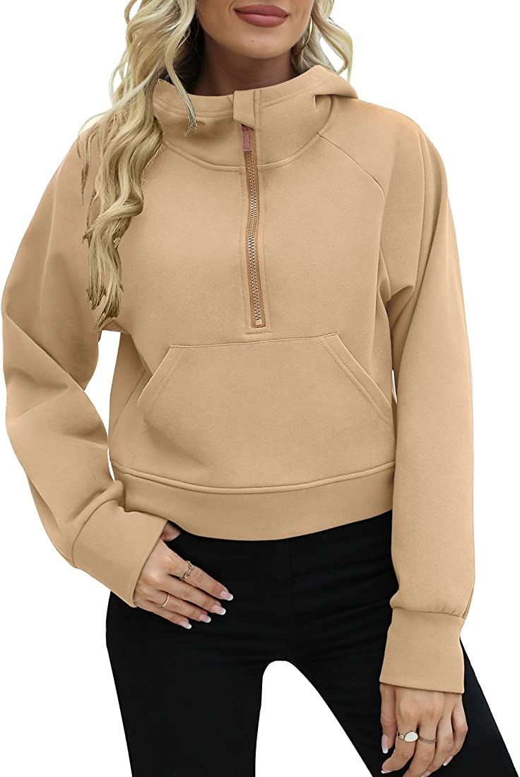 POGTMM Women's Crop Hoodies Half Zip Pullover Workout Long Sleeve Fleece Lined Hooded Sweatshirt Swe | Amazon (US)