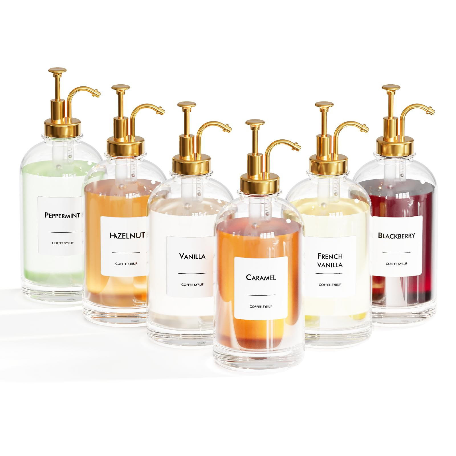 16.9 oz/500 ml Coffee Syrup Dispenser Set - 6 Glass Bottles with Gold Pumper and Syrup Labels - P... | Amazon (US)