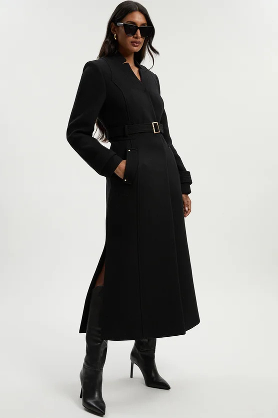 Wool Investment Notch Neck Belted Detail Tailored Maxi Coat | Karen Millen US