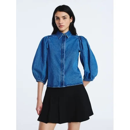 Scoop Women’s Denim Shirt with 3/4 Length Puff Sleeves Sizes XS-XXL | Walmart (US)