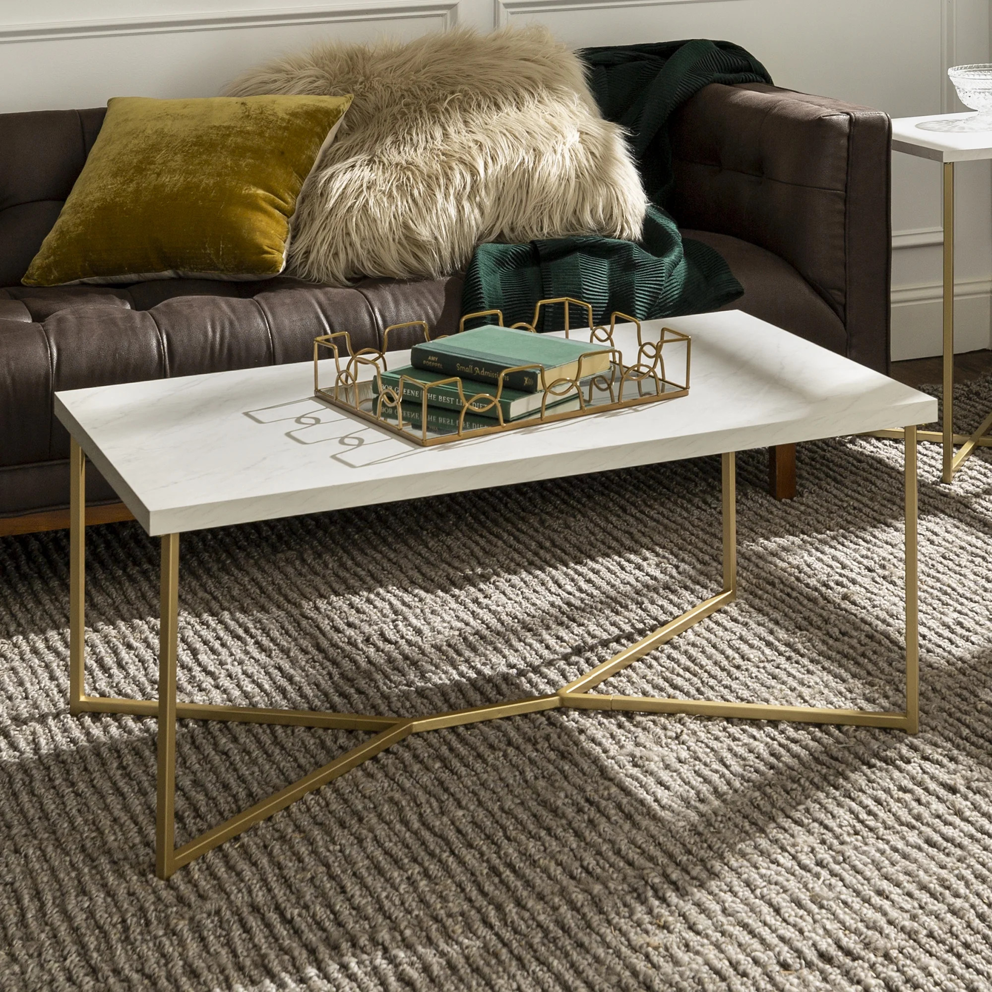 Ember Interiors Diana Y-Leg Coffee Table, White Faux Marble/Gold | Walmart (US)