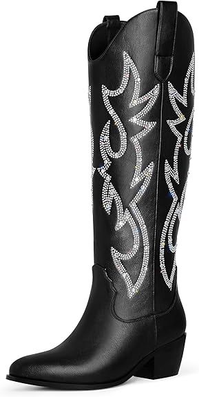 Ouepiano Cowboy Boots for Women Knee High Wide Calf Cowgirl Boots Embroidered Chunky Heels Pointe... | Amazon (US)