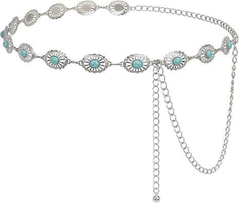 Women Turquoise Concho Chain Waist Belt Silver Western Body Jewelry Waist Belt for Dress Adjustab... | Amazon (US)