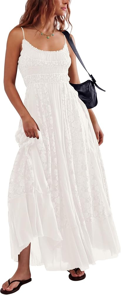 Gacaky Summer Dress for Women Casual Lace Floral Embroidered Bohemian Maxi Dress Flowy A Line Bea... | Amazon (US)
