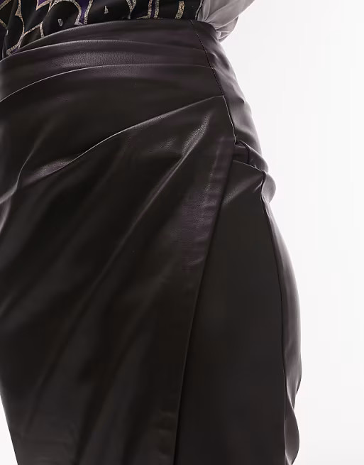 Topshop leather look side tuck pencil midi skirt in chocolate | ASOS (Global)