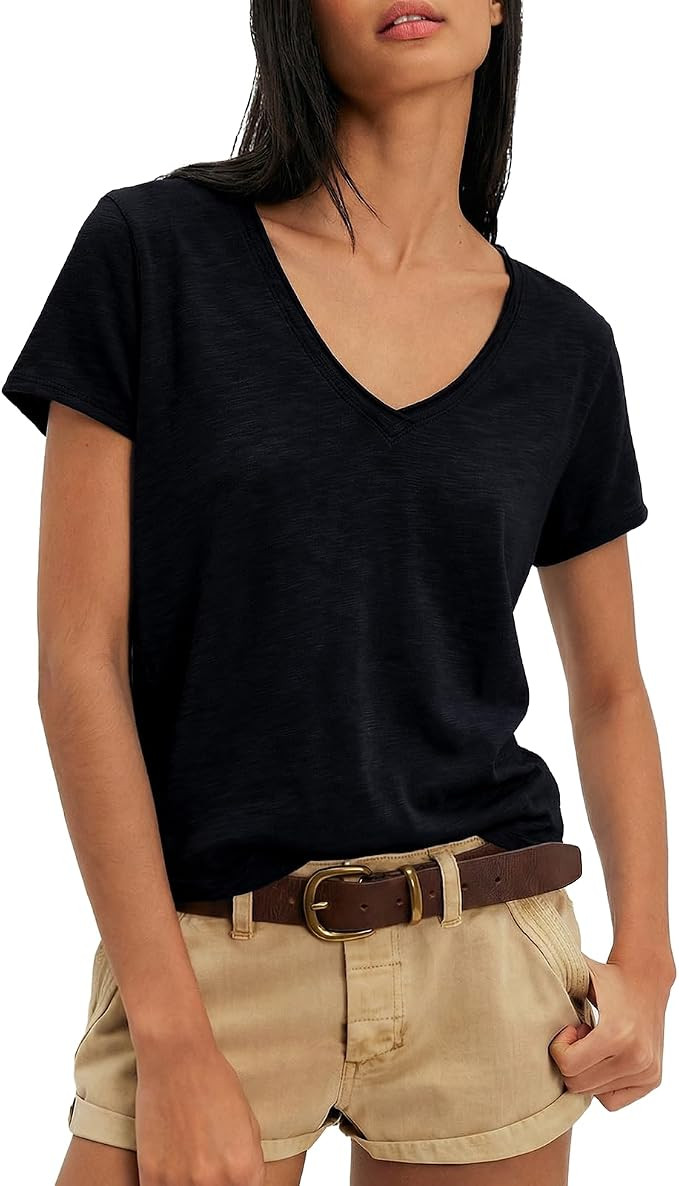 Gnveub Womens V Neck Short Sleeve T Shirts Summer Casual Tops Unique Back Vertical Seam Design Ba... | Amazon (US)