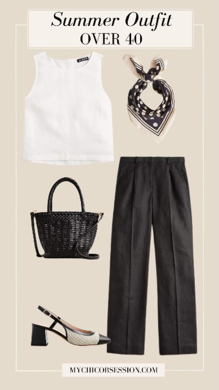 For more formal occasions such as heading to the office or going out for a business lunch, this black-and-white look checks all of the boxes of what you look for in an everyday outfit. Start with tailored wide-leg pants, with a linen tank on top. Add a woven basket bag, a neck scarf, and heels to complete the look.

#LTKStyleTip #LTKSeasonal #LTKOver40