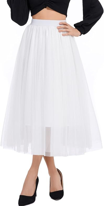 Women’s Tulle Skirts Midi Elastic High Waist Pleated Mesh Flowy A-Line Party Long Tutu Skirts... | Amazon (US)
