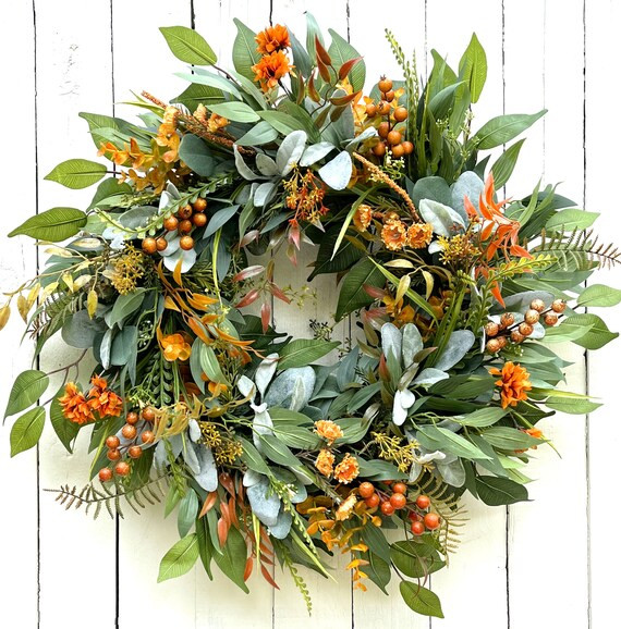 Fall Autumn Berries Leaves Eucalyptus Lambs Ear Wreath for - Etsy | Etsy (US)