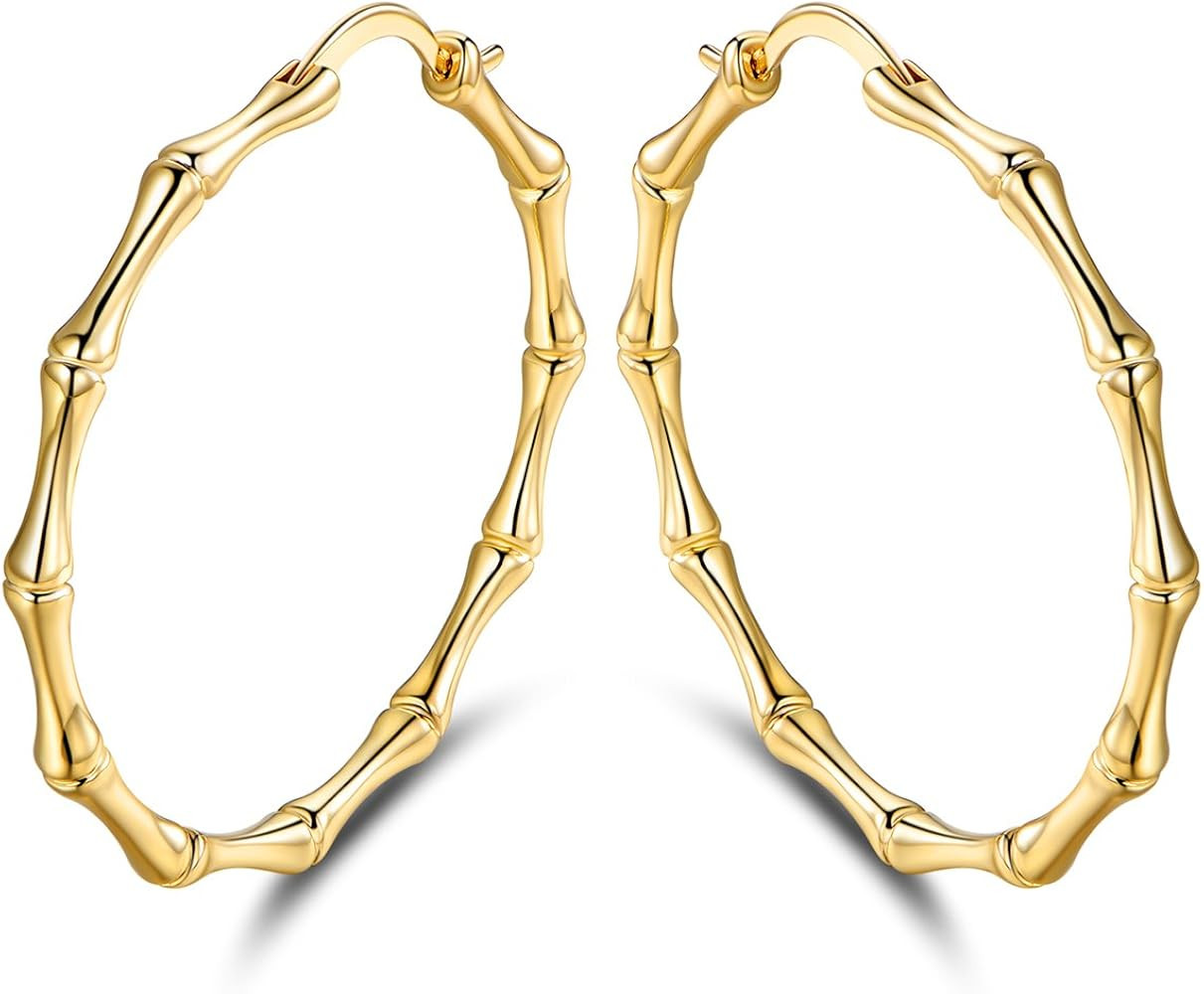 Womens Gold Bamboo Hoop Earrings | Barzel 18K Gold, Rose Gold, or White Gold Plated Bamboo Hoop Earr | Amazon (US)