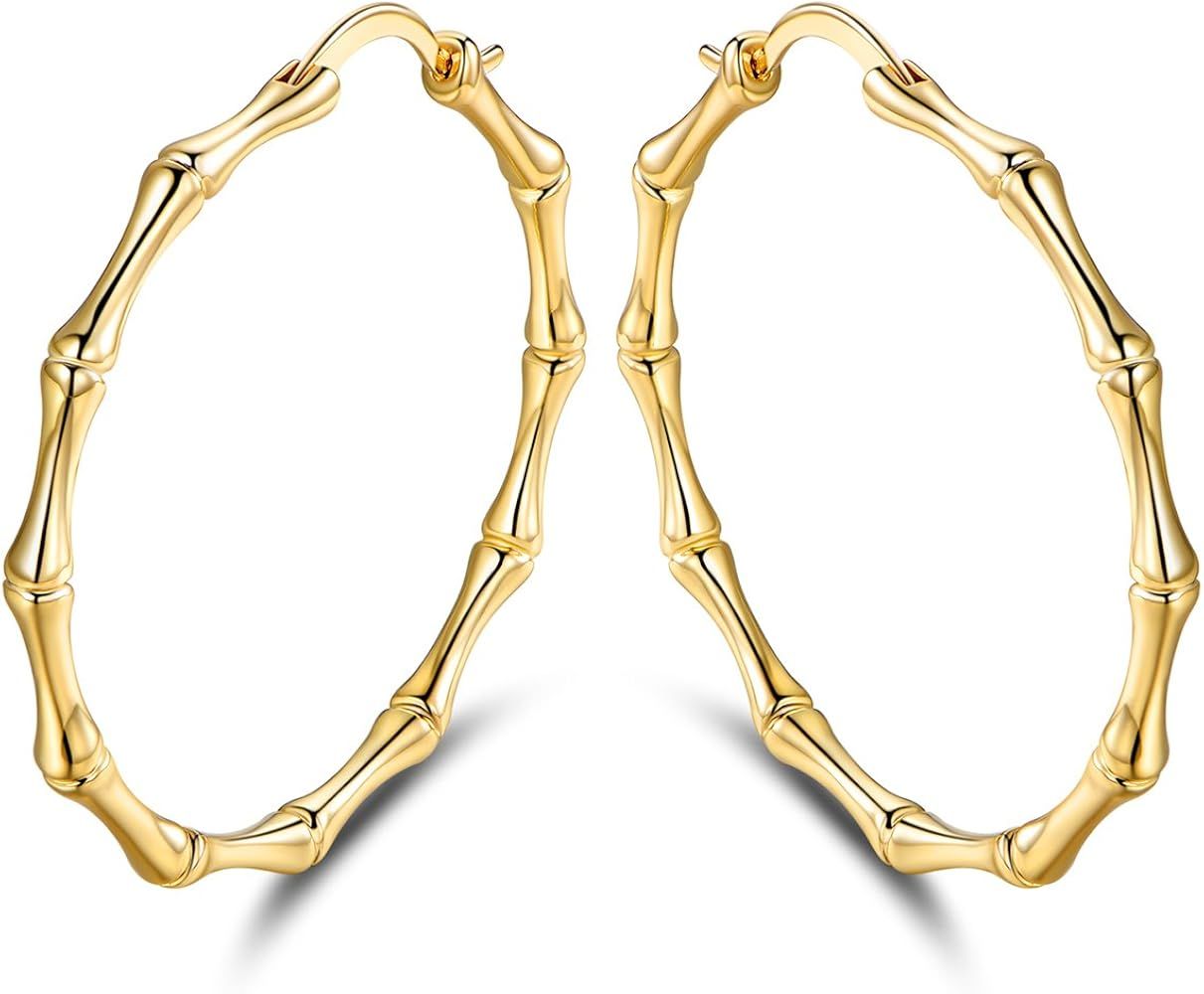 Womens Gold Bamboo Hoop Earrings | Barzel 18K Gold, Rose Gold, or White Gold Plated Bamboo Hoop Earr | Amazon (US)