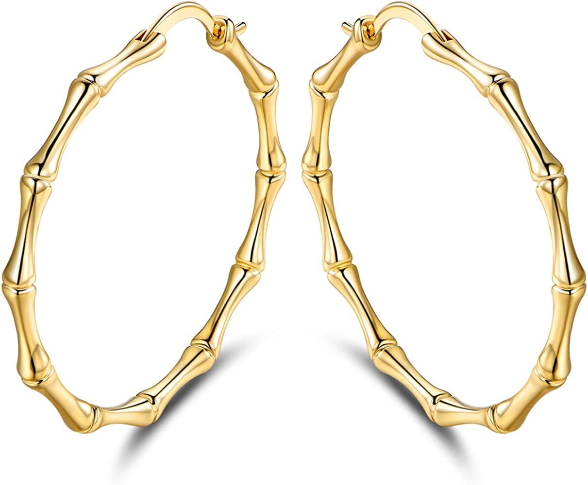 Womens Gold Bamboo Hoop Earrings | Barzel 18K Gold, Rose Gold, or White Gold Plated Bamboo Hoop Earr | Amazon (US)