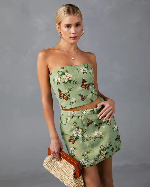 Field Of Butterflies Strapless Crop Top - Sage | VICI