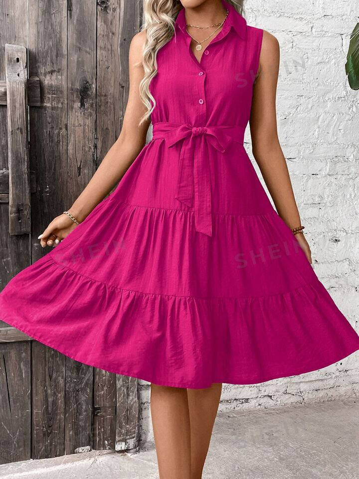 SHEIN LUNE Ruffle Hem Belted Shirt Dress | SHEIN