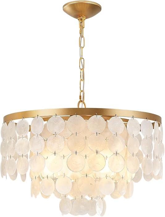 Shell Chandelier, White and Gold Chandelier Light Fixture with 4 Lights Capiz Seashell Pendant fo... | Amazon (US)