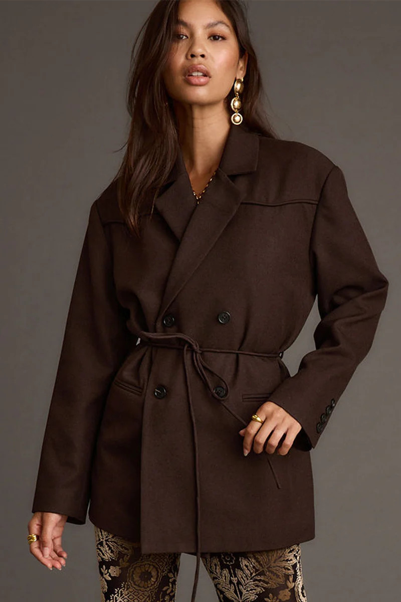 Rebel Brown Belted Double Breasted Blazer | 12th Tribe