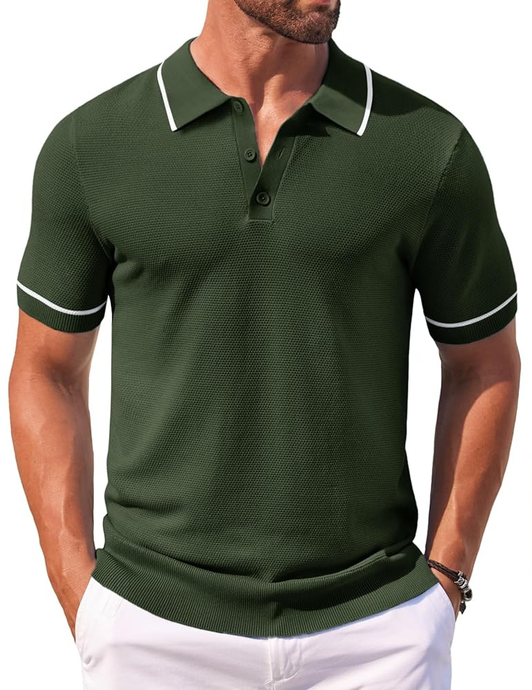 COOFANDY Men's Knit Polo Shirts Casual Short Sleeve Button Down Shirts Crochet Classic Golf Polo ... | Amazon (US)