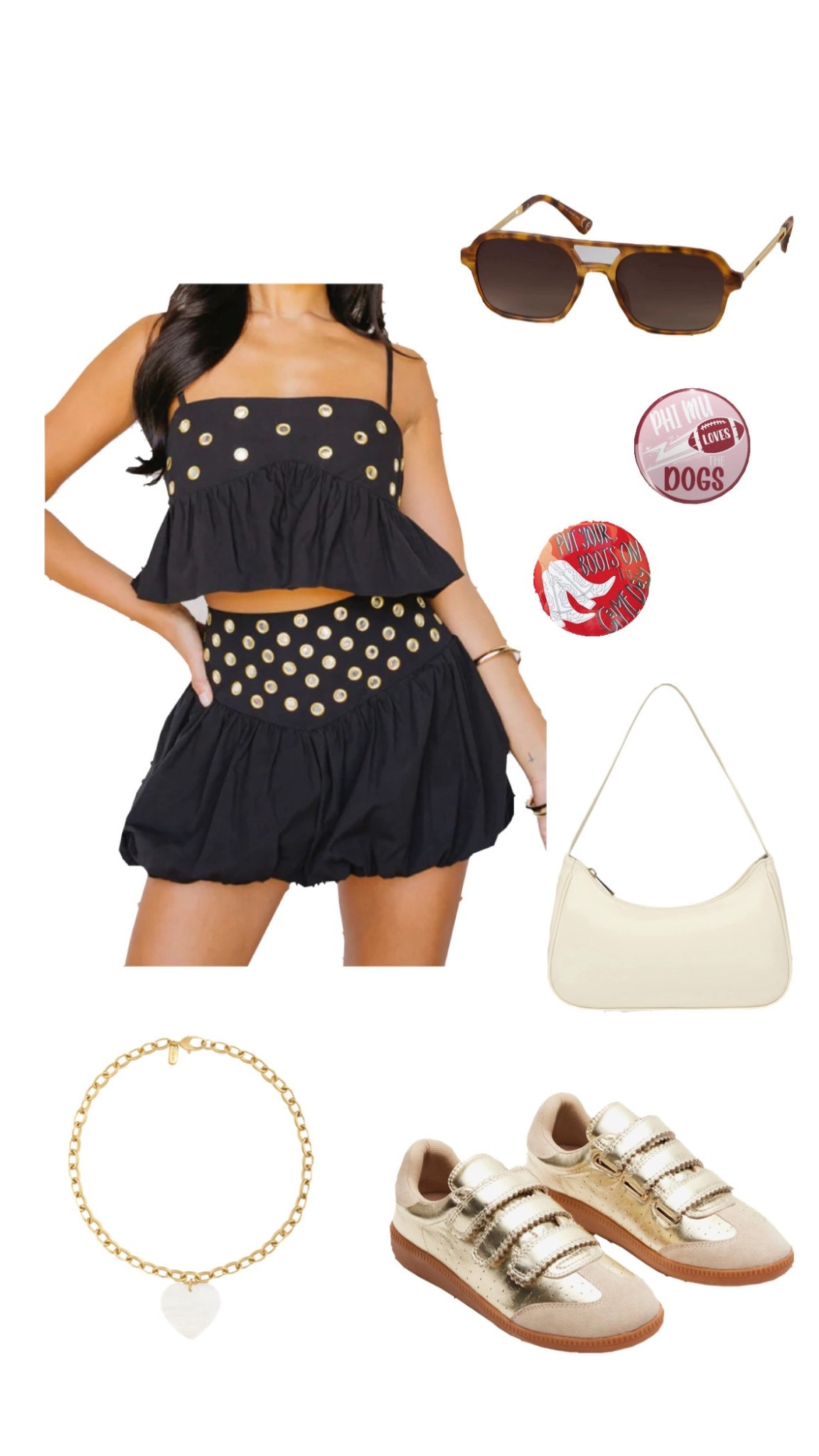 Game Day outfit inspo, black outfits, college football outfits, Alabama gameday outfits, game day outfit ideas, gold shoes, Steve Madden, nc state game day outfits, concert outfit inspo, girls trips outfits, cute girly outfits, matching sets 