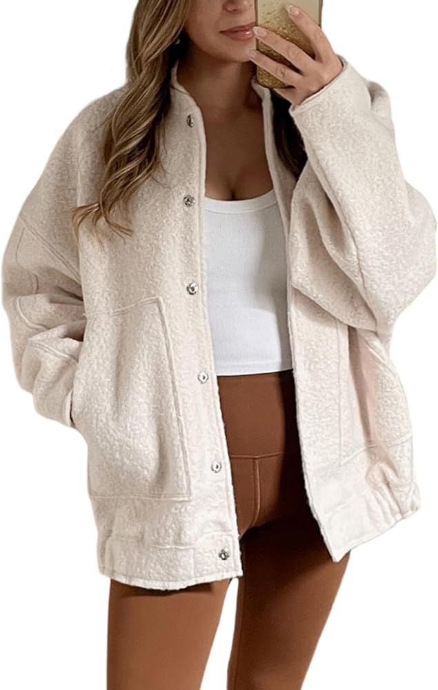 UANEO Women Bomber Jacket Casual Oversized Wool Blend Varsity Fall Jackets Shacket Outwear | Amazon (US)