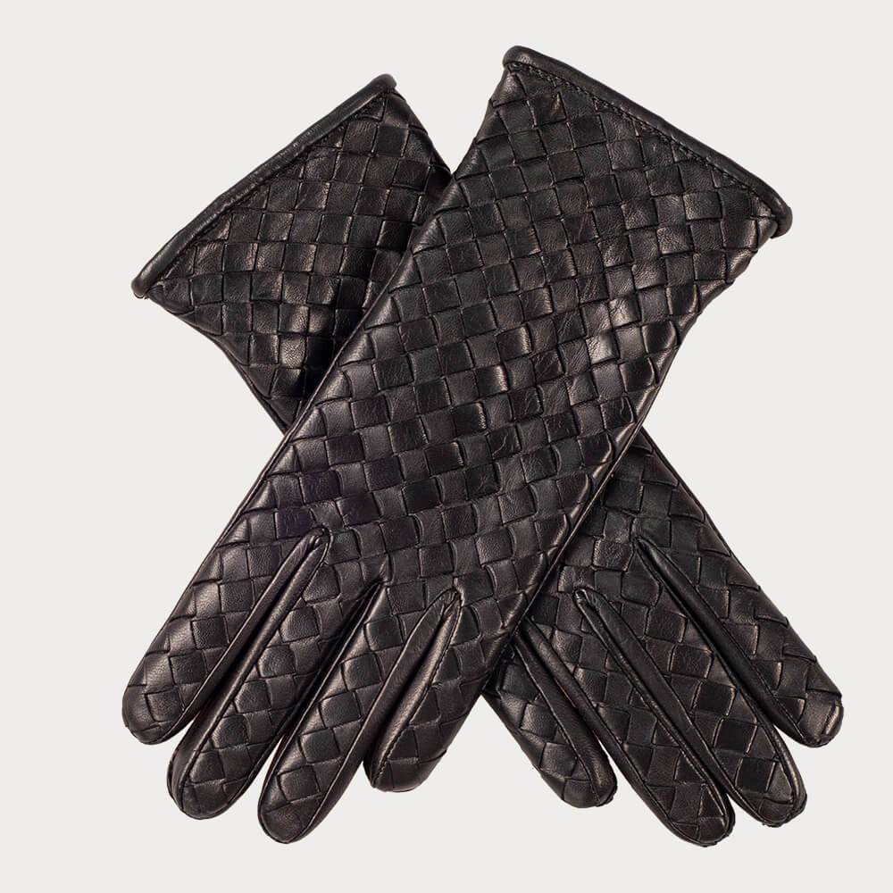 Black Woven Cashmere Lined Leather Gloves | Black