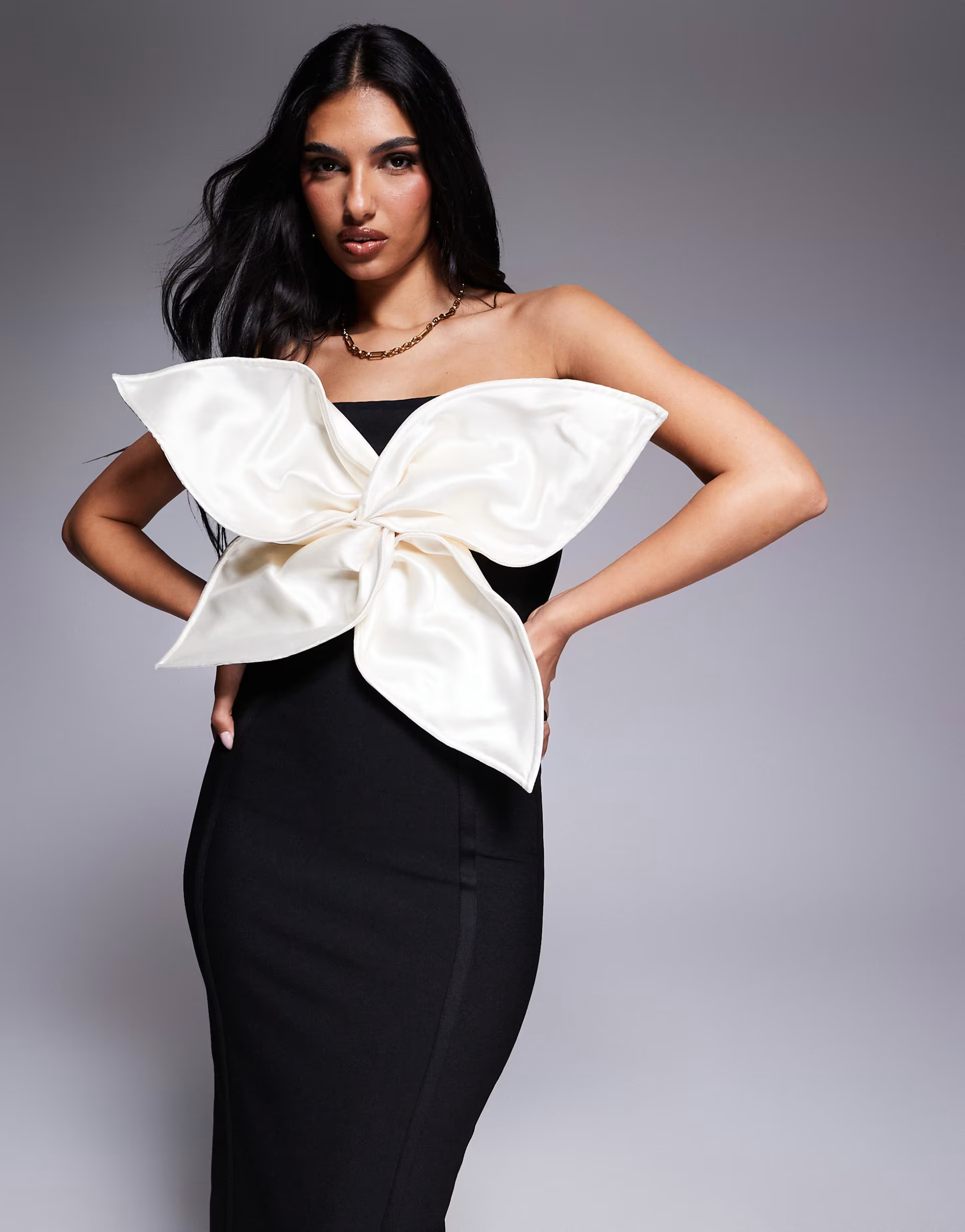 ASOS DESIGN premium bandage midi dress with contrast cream satin flower in black | ASOS (Global)