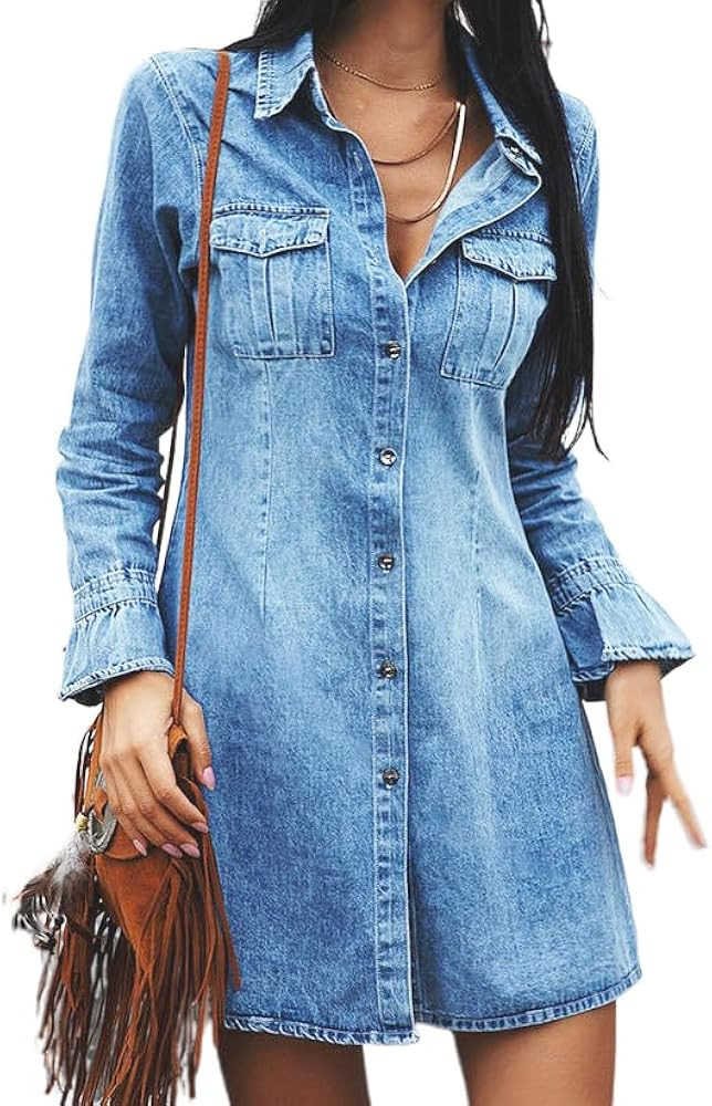Denim Shirt Dress for Women Collared V Neck Bell Sleeve Distressed Jean Mini Dress Button Down Ca... | Amazon (US)