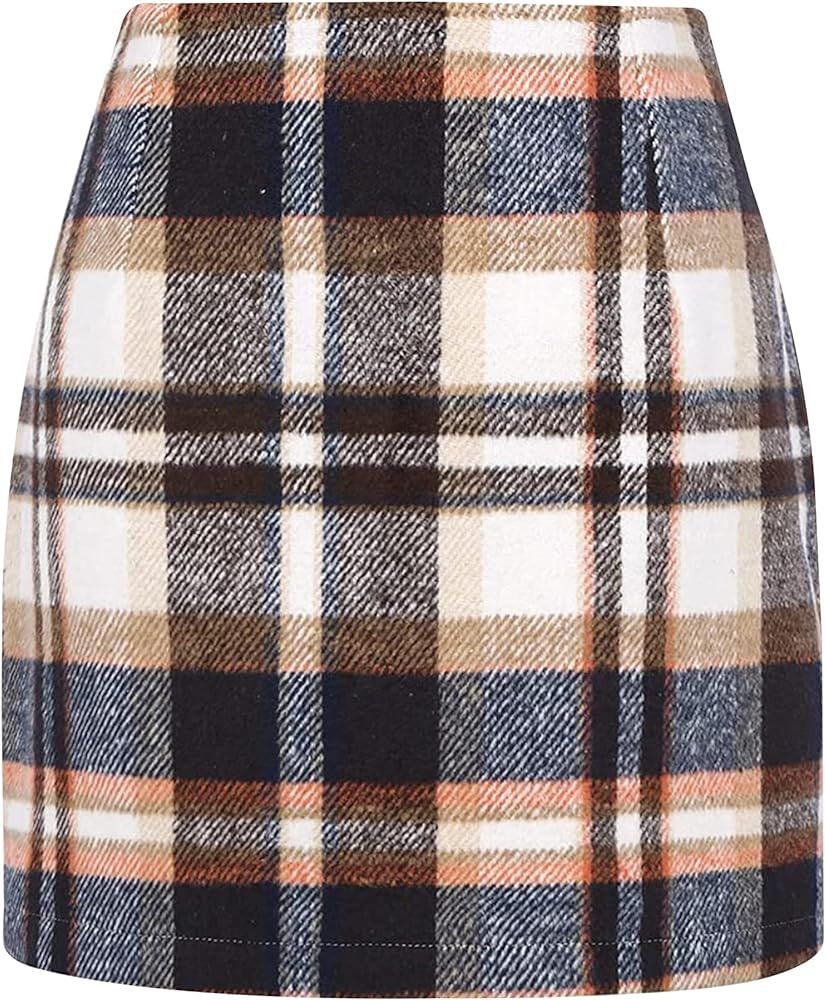 Women's High Waist Plaid Mini Skirt Fall Winter A line Bodycon Pencil Wool Mini Skirts | Amazon (US)
