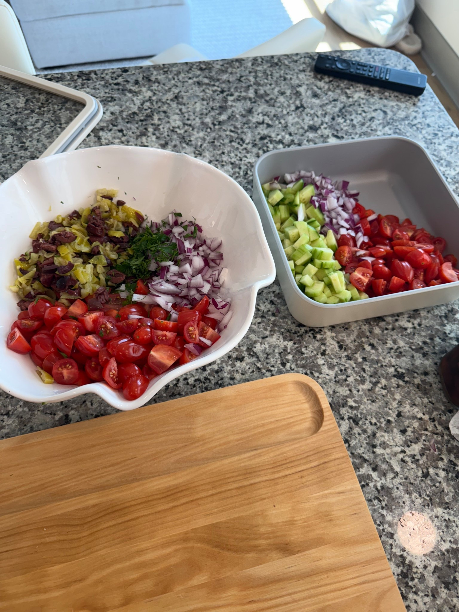 Greek Salad Prep!! Caraway knife’s/cutting boards, cutest ruffle serving bowl, caraway food storage. Makes it fun to food prep when it’s this pretty! 

#LTKHome