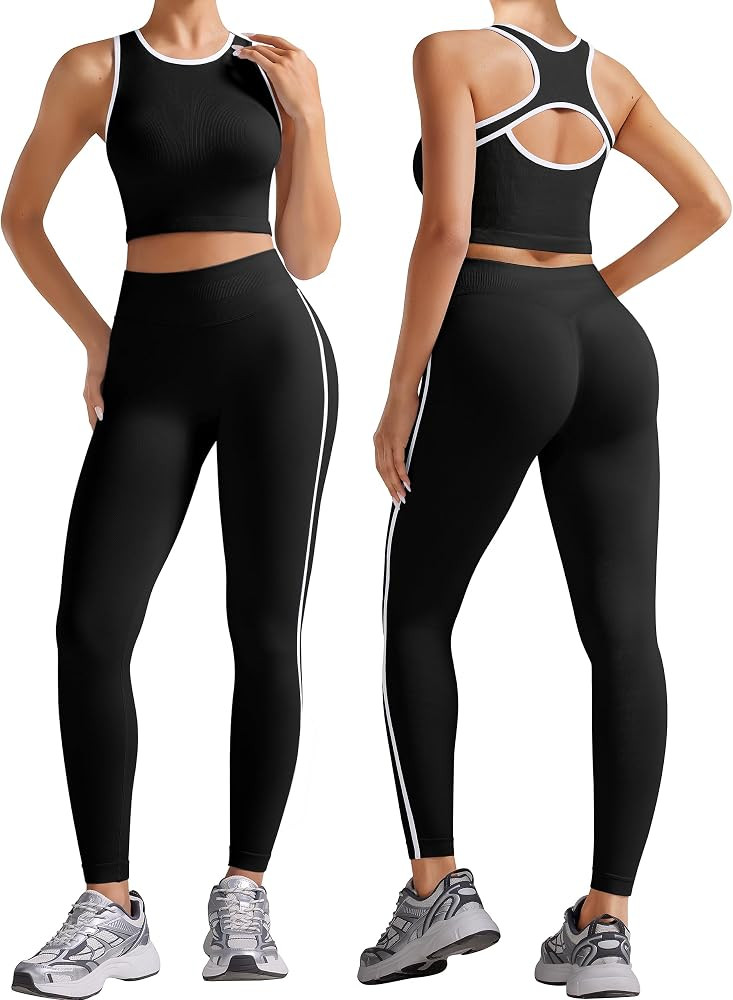 Womens Workout Sets 2 Piece Seamless Gym Yoga Outfits Butt Scrunch Leggings Crop Tank Top with Co... | Amazon (US)