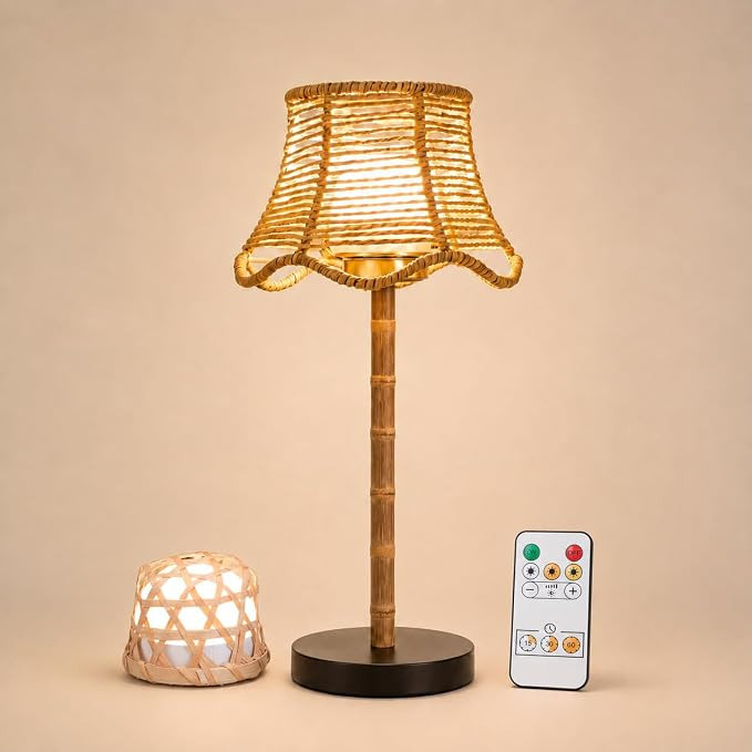 Bamboo Rechargeable LED Table Lamp, Dimmable Cordless Table Lamp with Remote, Rattan Wireless Lam... | Amazon (US)
