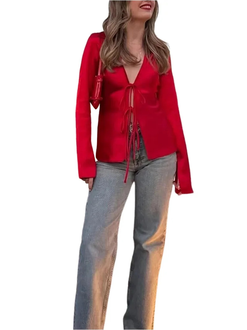 Womens Tie Front Satin Shirts Deep V Neck Silk Club Tops Long Sleeve Y2k Going Out Blouse Red M | Walmart (US)