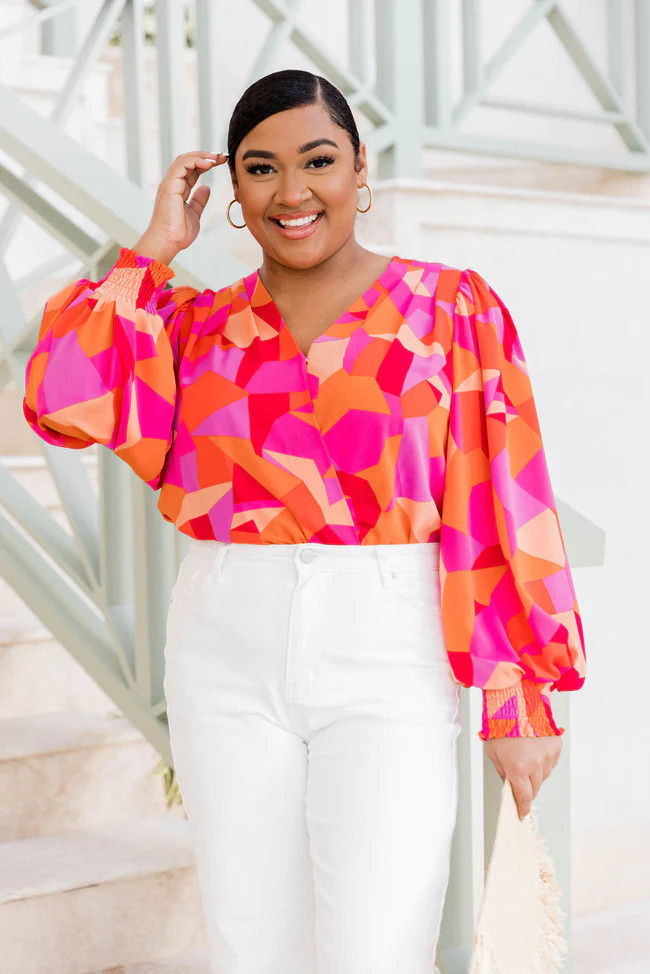 Having Mixed Feelings Pink/Orange Printed Long Sleeve Bodysuit | Pink Lily