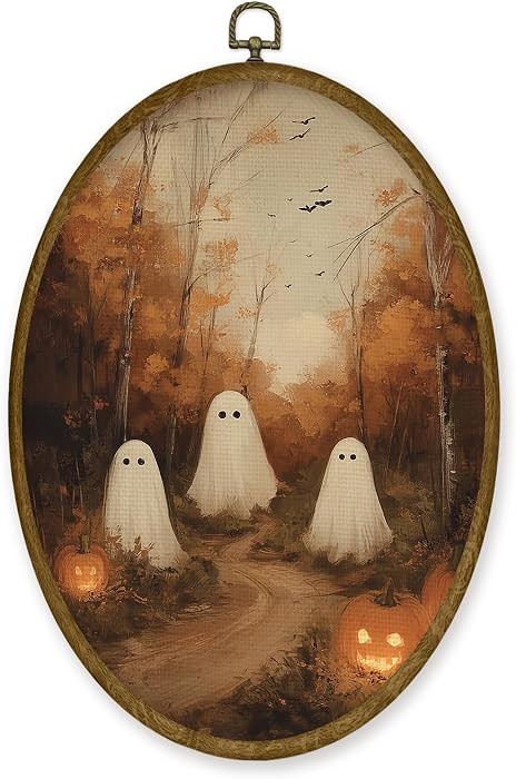 JMENGSSFL Halloween Fall Forest Ghost Pumpkin Oval Wall Art Decor, Rustic Autumn Canvas Prints, F... | Amazon (US)