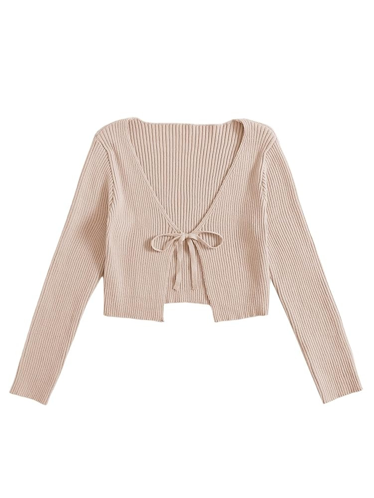 Floerns Women's Tie Front Long Sleeve Rib Knit Shrug Sweaters Cardigan Crop Top | Amazon (US)