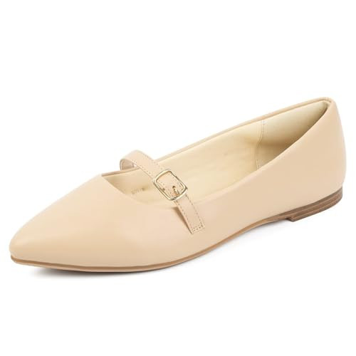 MUSSHOE Women Flats Comfortable Pointed Toe Flats Shoes with Strap,Beige Pu 10.5 | Amazon (US)