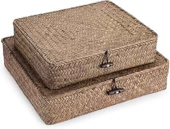 Hipiwe Set of 2 Flat Woven Wicker Storage Bins with Lid Natural Seagrass Basket Multipurpose Home... | Amazon (US)