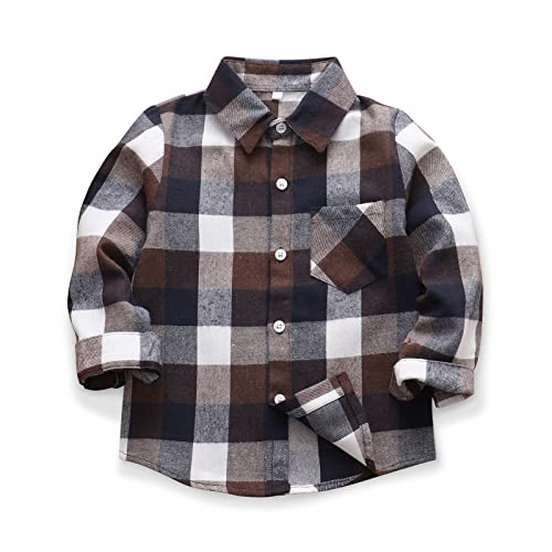 OCHENTA Big Kids Boys' Button Down Flannel Plaid Shirt Boy Long Sleeve Christmas Outfit E003 Coffee 170-10-11 Years | Amazon (US)