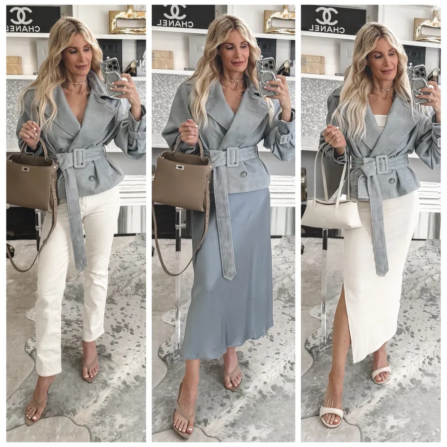 This stunning blue suede cropped belted trench is one of those forever pieces you’ll reach for year after year 🤍 Styled it three ways to show just how versatile it is: ✨ Look 1: Paired with a blue silk slip dress for that chic monochromatic moment ✨ Look 2: Dressed it down with ivory cigarette jeans + a fabulous heel ✨ Look 3: Threw it over this amazing $50 Amazon dress (I own it in 3 colors… it’s THAT good) I will always love mixing high + low pieces—it keeps your wardrobe feeling fresh and effortless. Trust me, this trench is timeless and can be styled so many different ways. Tell me below—how would YOU style it? Sizing for reference: wearing XS in the jacket, size 24 in denim, and XS in both dresses. 

 

#LTKgrwm #LTKootd #LTKOver40