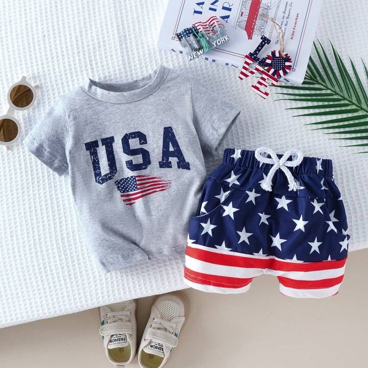 Baby Boys' 4th Of July Outfits USA Flag Element Short Sleeve T-Shirt & Red White Striped Star Sho... | SHEIN