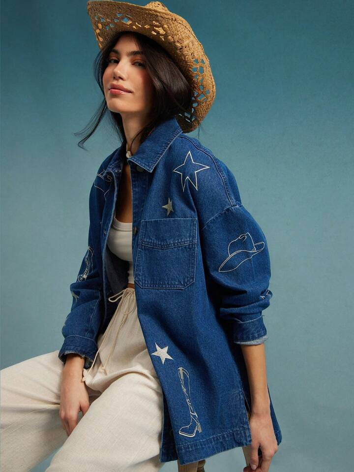 WESTFADE Collared Button Front Long Sleeve Western Cowgirl Hat Star Cowboy Boot Motif Embroidered Oversized Denim Shacket Jacket | SHEIN