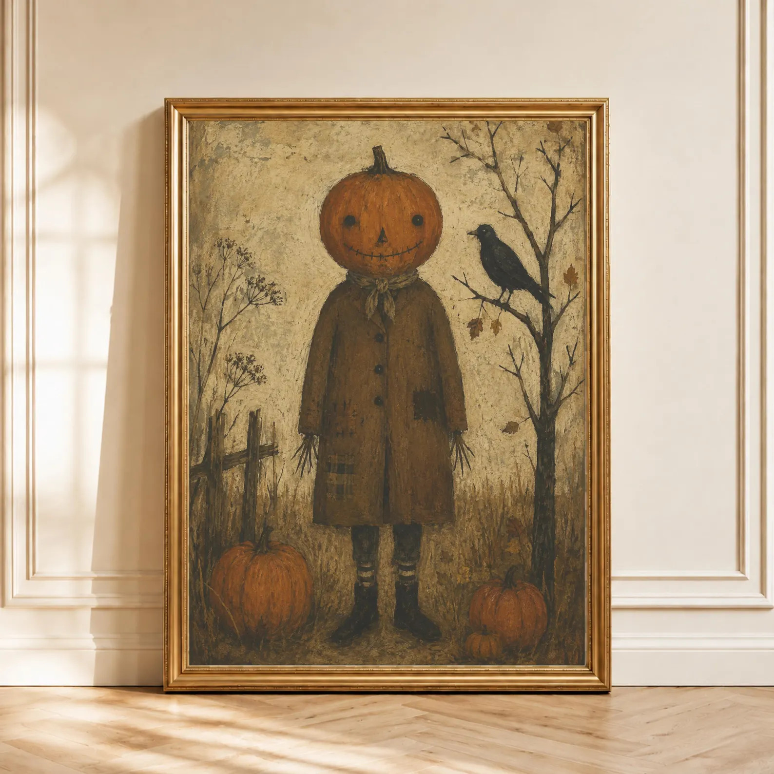 Primitive Halloween Print, Pumpkin Head Scarecrow Wall Art, Vintage Jack O Lantern Poster, Crow F... | Etsy (Global)