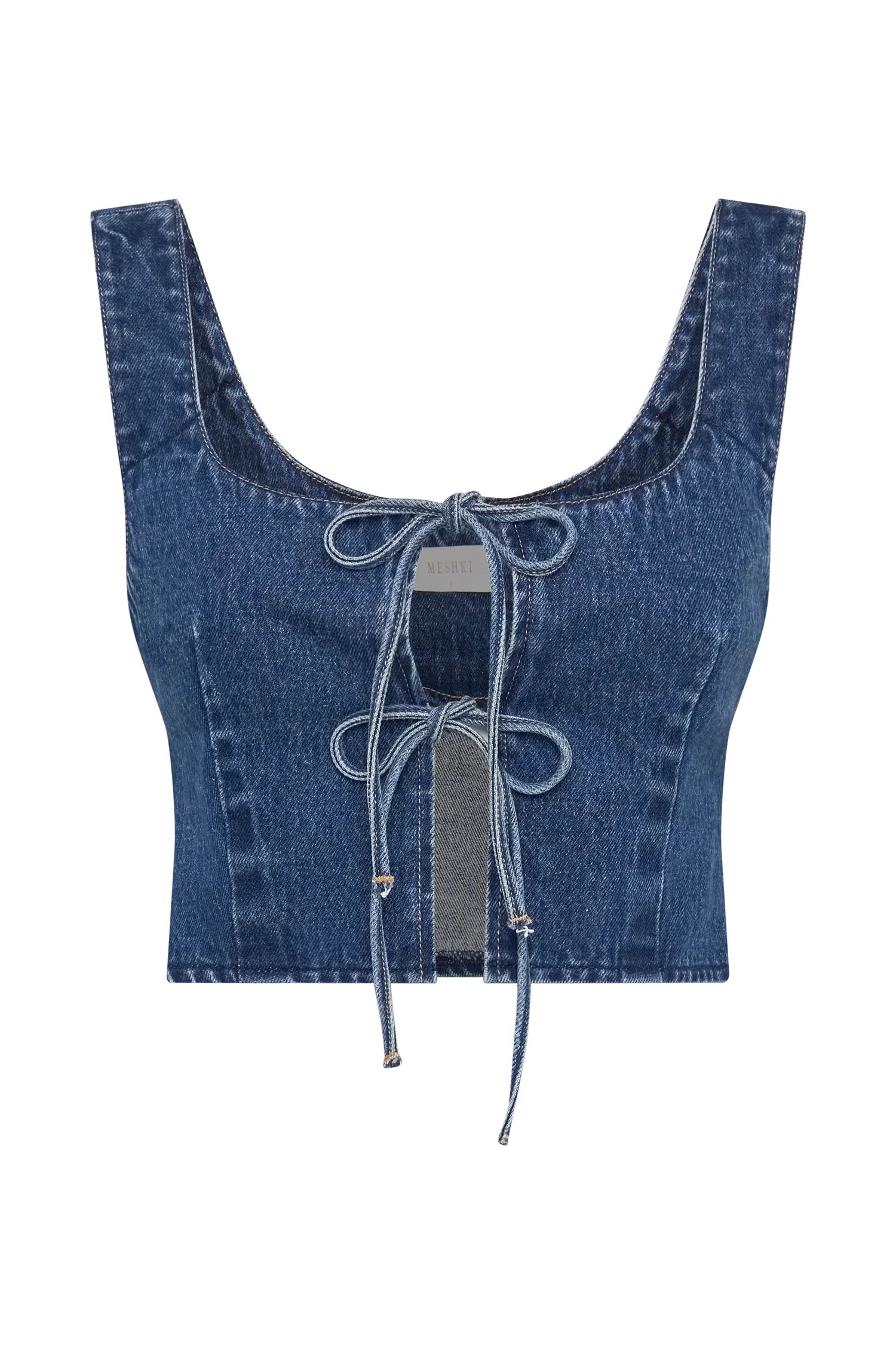 Heather Denim Tie Front Top - Dark Blue | MESHKI US