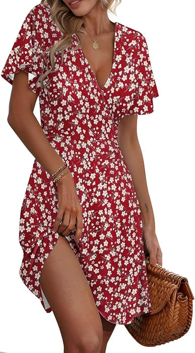 ETCYY NEW Womens Summer Dresses Slant Open V Neck Floral Printed Sundresses Flowy Dress Short Sle... | Amazon (US)
