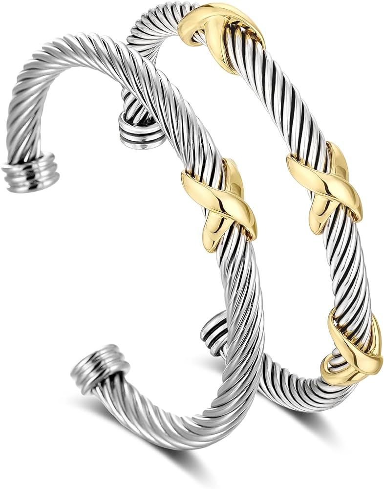 2 Pcs Cuff Bracelet for Women Cable Wire Bracelet - Stainless Steel Two Tone Twisted Bangle - Sil... | Amazon (US)