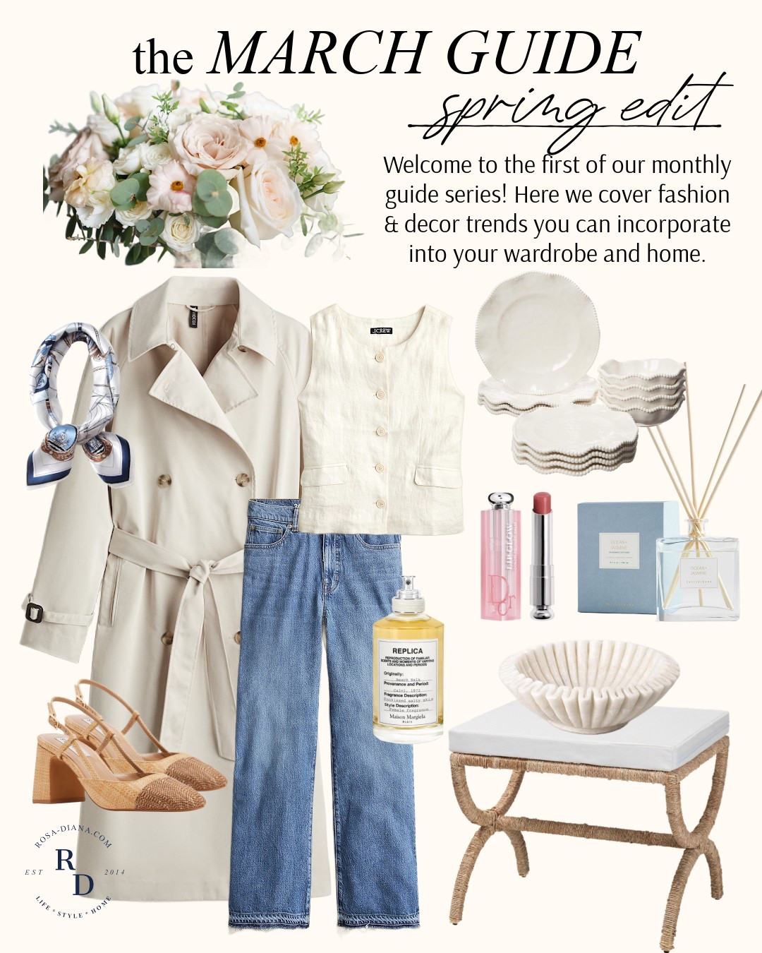 March spring edit! fashion & decor trends you can incorporate into your wardrobe and home. Trench coat, sling backs, vest, footrest, dinnerware, home, decor, fashion inspiration 

#LTKSeasonal #LTKStyleTip #LTKHome
