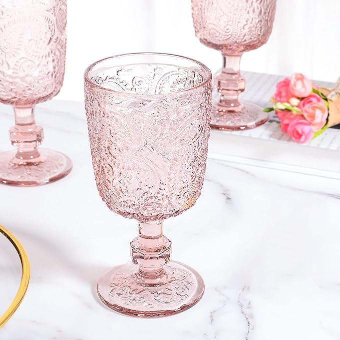 Tebery 4 Pack Pink Glass Wine Goblet Vintage, 10oz Colored Beverage Stemmed Glass Cups, Embossed ... | Amazon (CA)