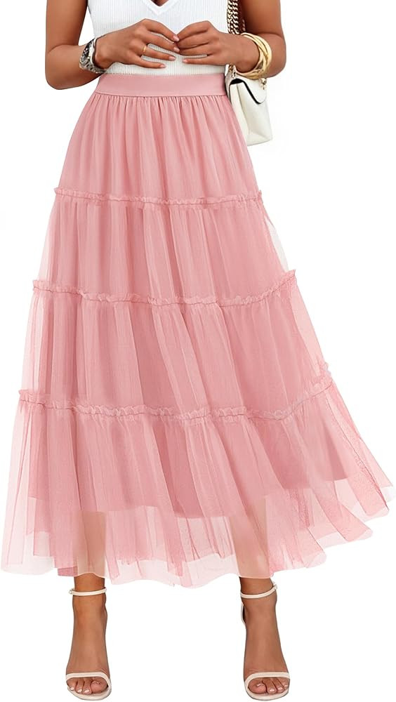 ZESICA Women's Tulle Maxi Skirt A-Line Flowy Ruffle Tiered Elastic High Waist 2025 Fall Fahion Mi... | Amazon (US)